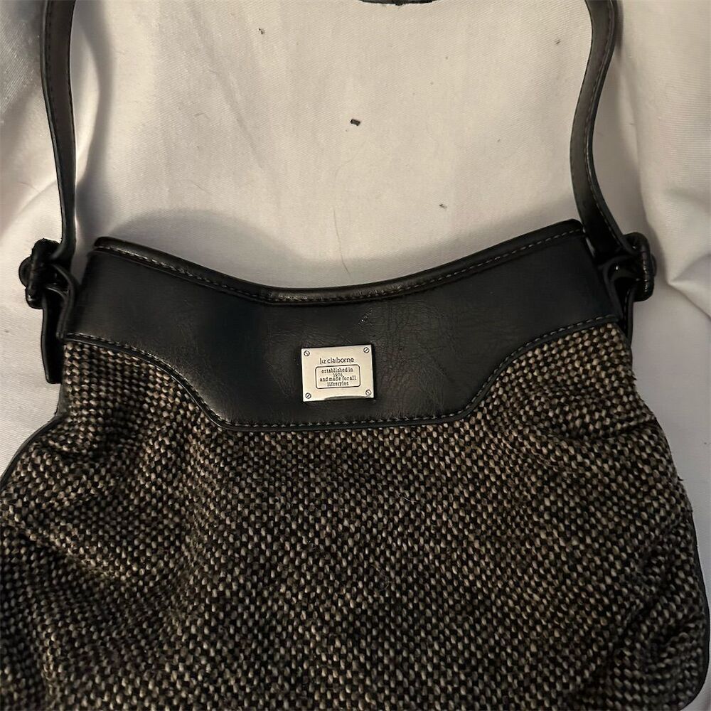 Liz Claiborne Women's Black Tweed Shoulder Bag with Zip Closure